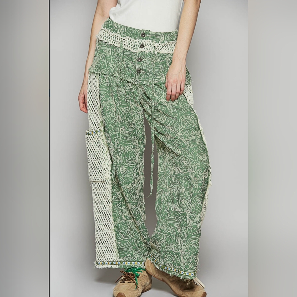 New POL Green Printed Wide-Leg Pants with Crochet Trim